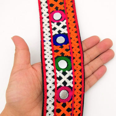 Black Cotton Fabric Trim with Multicolor Embroidery and Real Mirror, Kutch Embroidery Trim, Mirror Lace